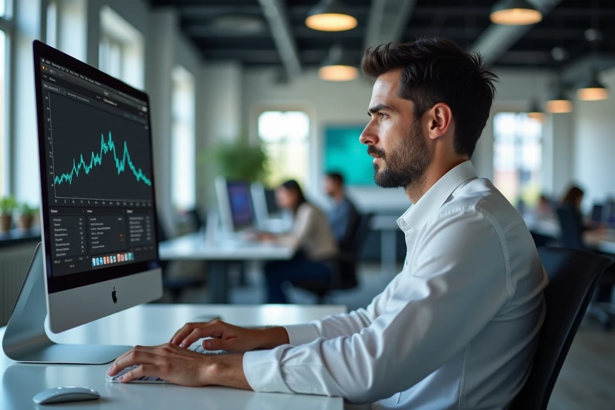Homme analysant le gestionnaire de tâches sur un iMac dans un bureau moderne avec utilisation CPU élevée