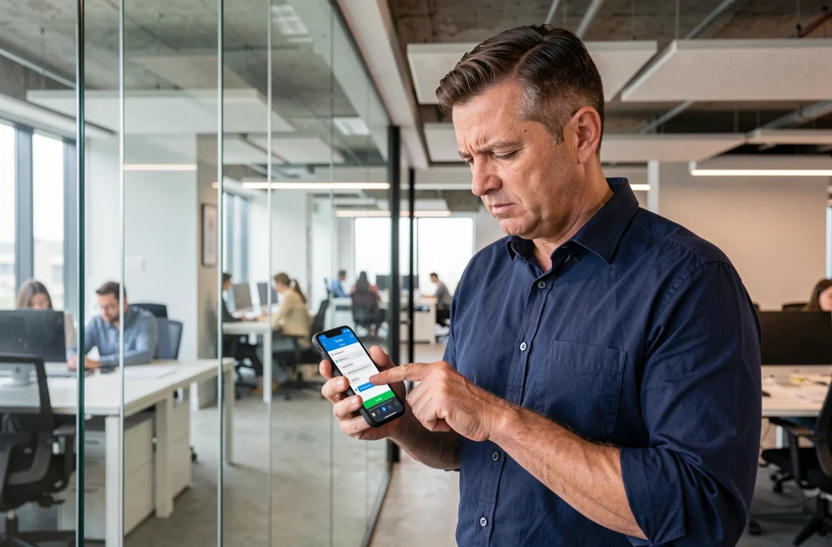 Homme d'affaires consultant une notification de messagerie bloquée sur son smartphone dans un open space professionnel