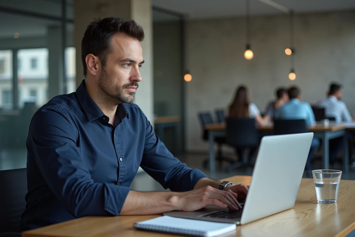 Homme en open space utilisant un outil en ligne de comptage de mots sur son ordinateur portable