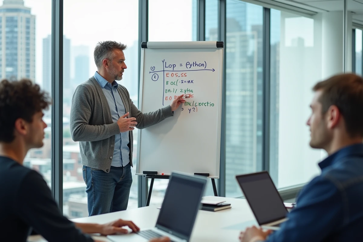 Homme expliquant code Python devant tableau blanc en réunion
