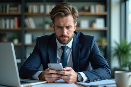 Homme d affaires stressé utilisant smartphone et token de sécurité