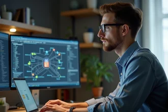Jeune homme en bureau configurant un ordinateur portable