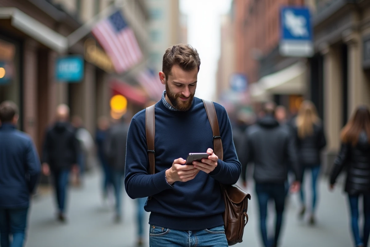 Homme urbain vérifiant son smartphone dans une rue animée