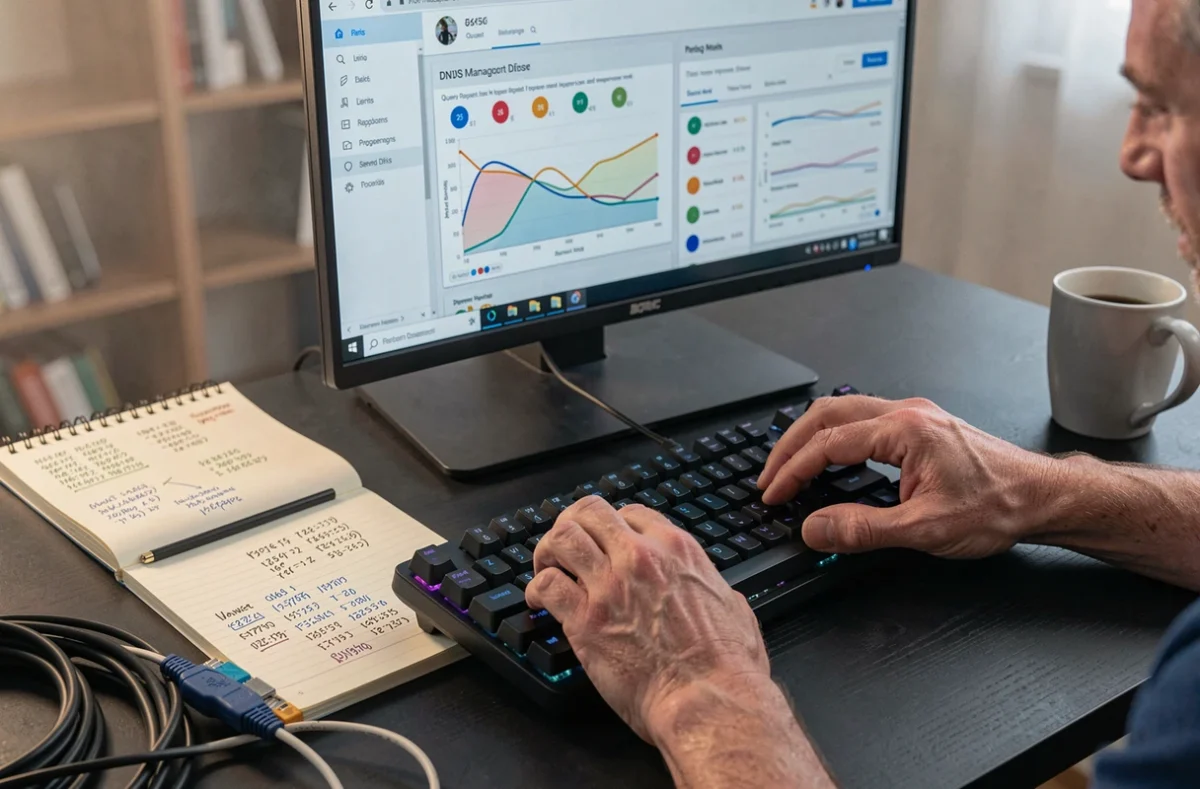 Gros plan sur les mains d'un ingénieur réseau configurant un tableau de bord de gestion DNS avec des graphiques de performance