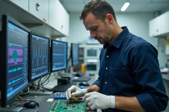 Ingénieur électronique inspectant un boîtier under bump métal avec circuit imprimé haute fréquence dans un laboratoire R&D