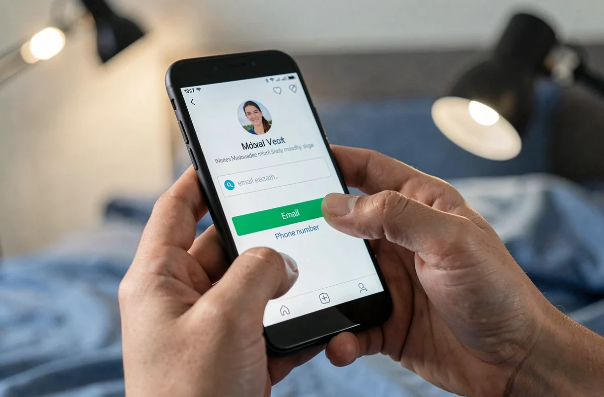 Mains tenant un smartphone affichant un formulaire d'inscription Instagram avec un email à la place du numéro de téléphone