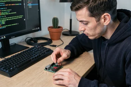 Ingénieur connectant une carte microSD dans un Raspberry Pi 4 pour installer Kali Linux dans un mini-lab de pentest à domicile