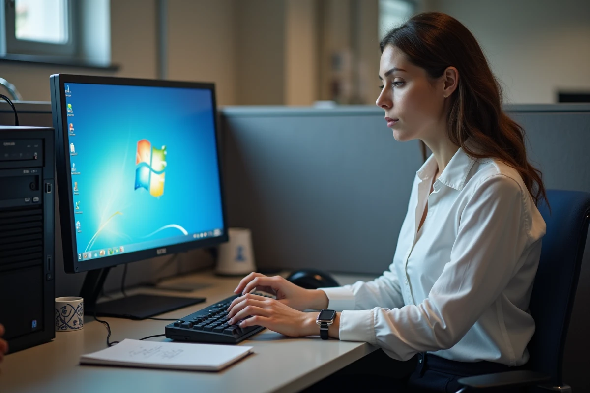 Femme installant Windows 7 Professionnel depuis une clé USB sur un ordinateur de bureau en entreprise