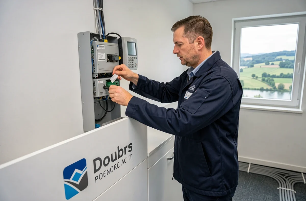 Technicien IPNEOS installant un système de téléphonie professionnelle dans un bureau du Doubs