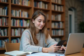 Jeune étudiante assise à la bibliothèque avec smartphone