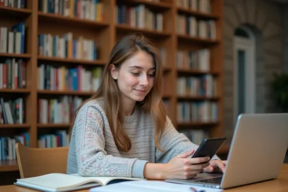 Jeune étudiante assise à la bibliothèque avec smartphone