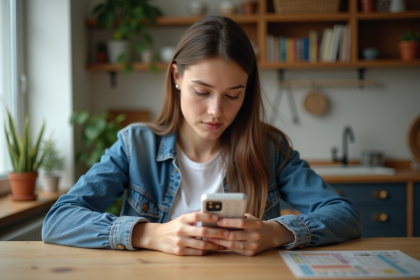 Jeune femme appliquant une coque en bulles sur son téléphone
