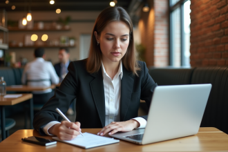 Jeune femme professionnelle au café avec ordinateur et notes