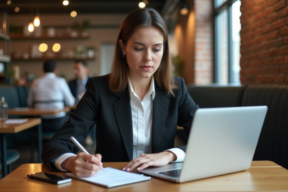 Jeune femme professionnelle au café avec ordinateur et notes