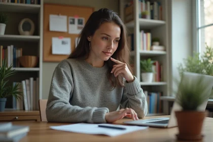 Jeune femme au bureau à domicile concentrée sur son ordinateur
