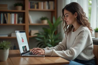 Jeune femme concentrée sur son ordinateur dans un bureau cosy