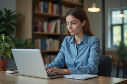 Jeune femme concentrée travaillant sur son ordinateur dans un bureau moderne