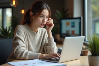 Jeune femme professionnelle travaillant sur un ordinateur dans un bureau moderne