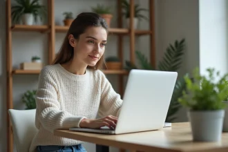 Jeune femme en sweater utilisant un ordinateur dans un bureau lumineux