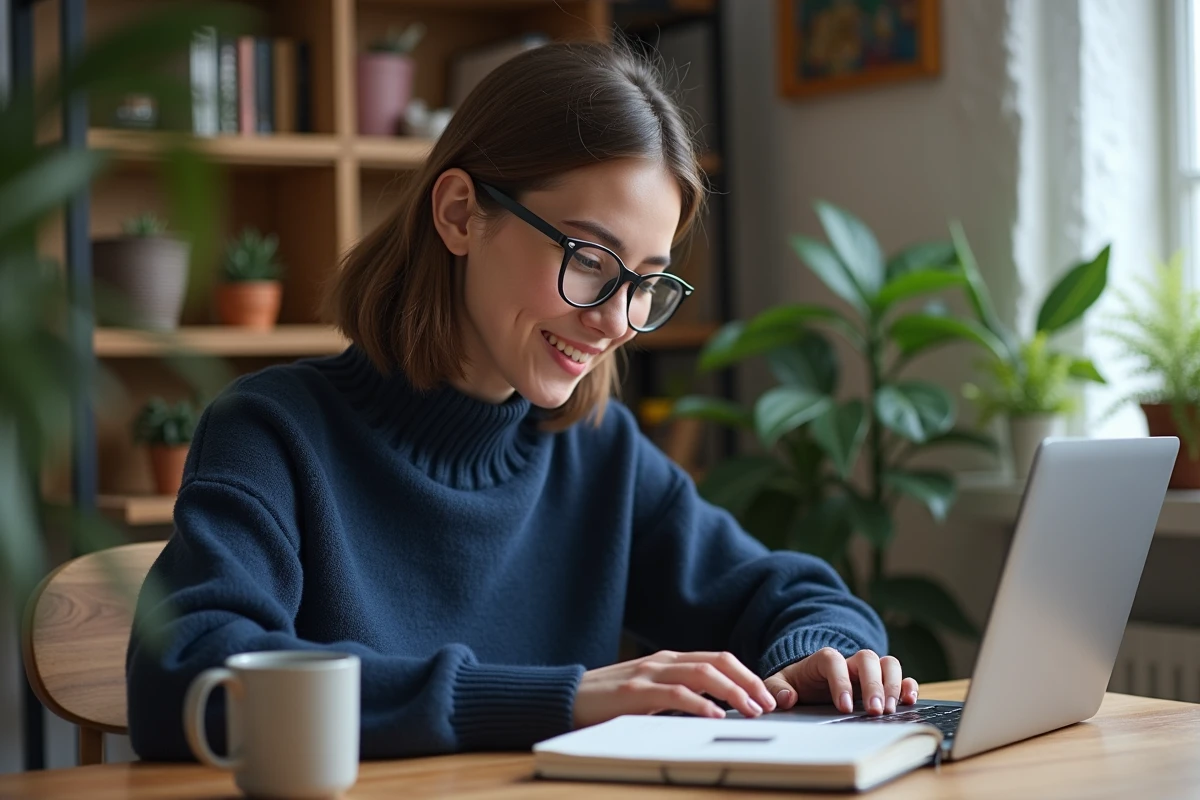 Jeune femme en sweater bleu code Python dans un bureau cosy