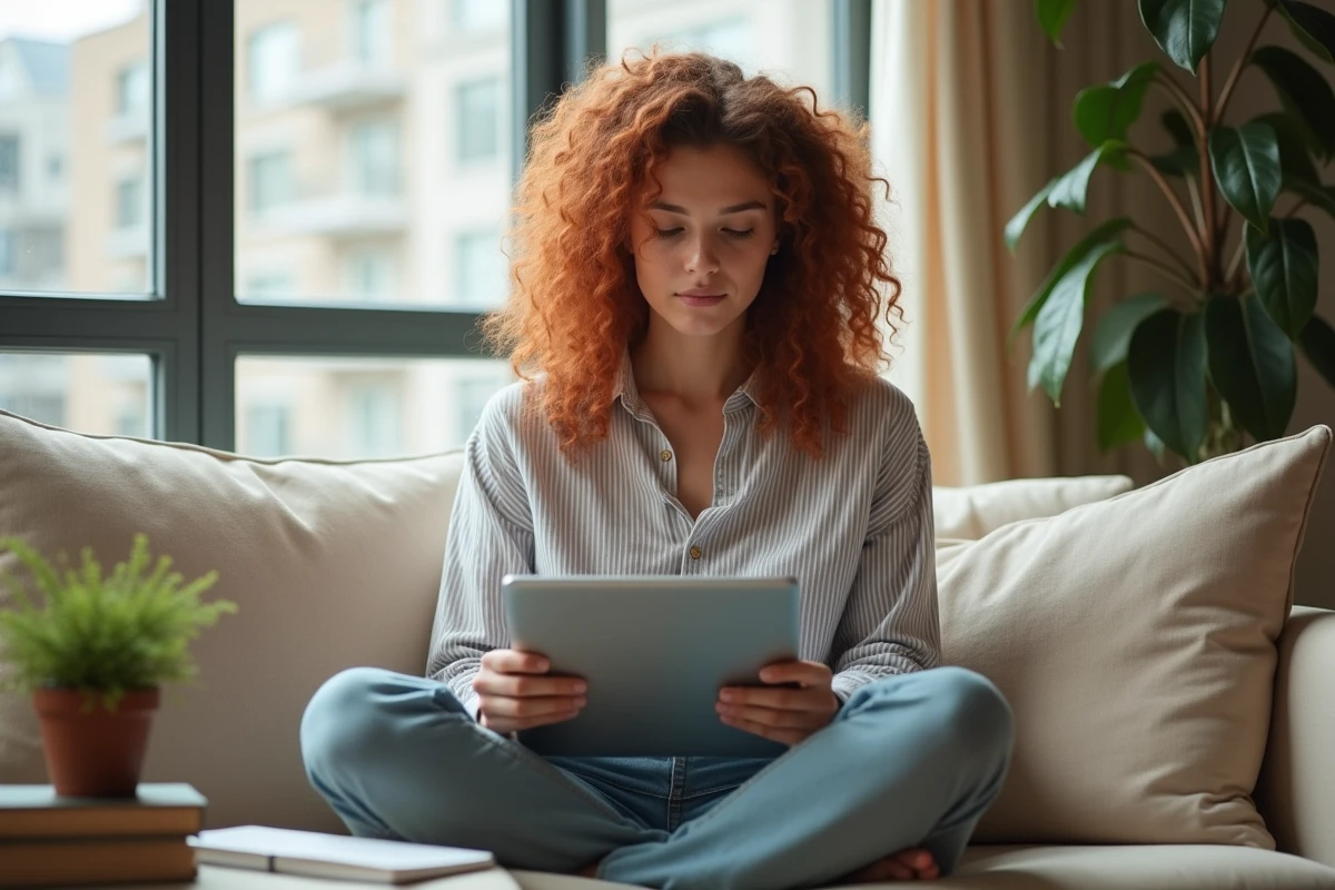 Jeune femme vérifiant le nombre de mots de son texte sur une tablette depuis son salon