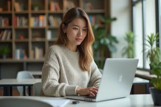 Jeune femme concentrée utilisant un ordinateur dans une salle lumineuse