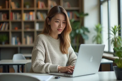 Jeune femme concentrée utilisant un ordinateur dans une salle lumineuse