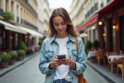 Jeune femme à Paris regardant son smartphone dans la rue