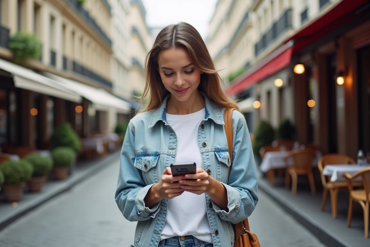 Jeune femme à Paris regardant son smartphone dans la rue