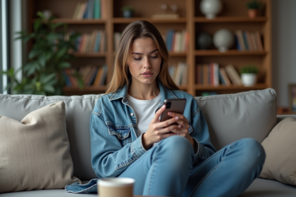 Jeune femme assise sur un canapé avec smartphone dans un intérieur cosy