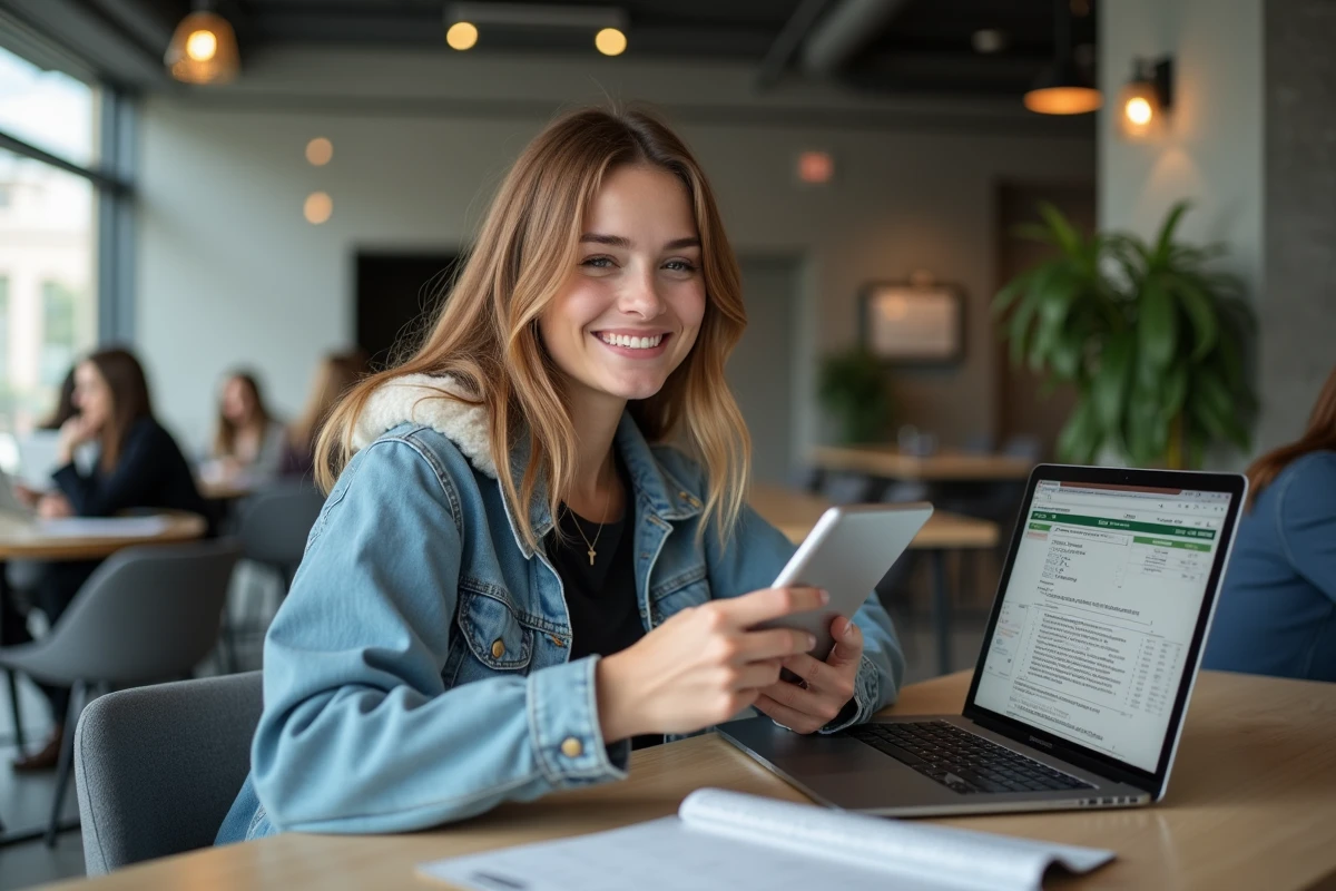 Jeune femme utilise une tablette et un ordinateur portable dans un espace de coworking