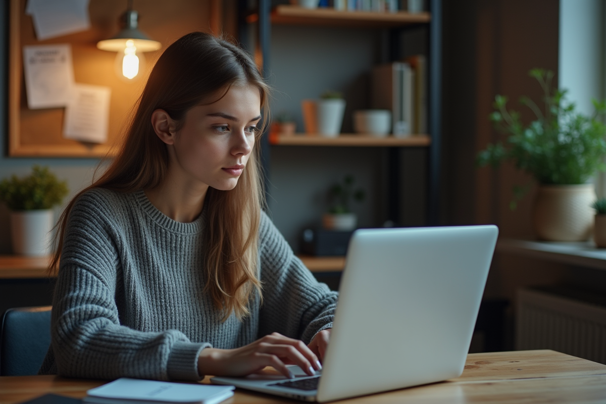 Jeune femme concentrée sur son ordinateur dans un espace cosy