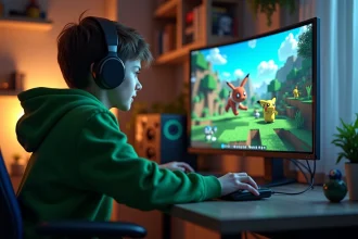 Jeune garçon en hoodie vert et casque jouant à Minecraft Pokémon