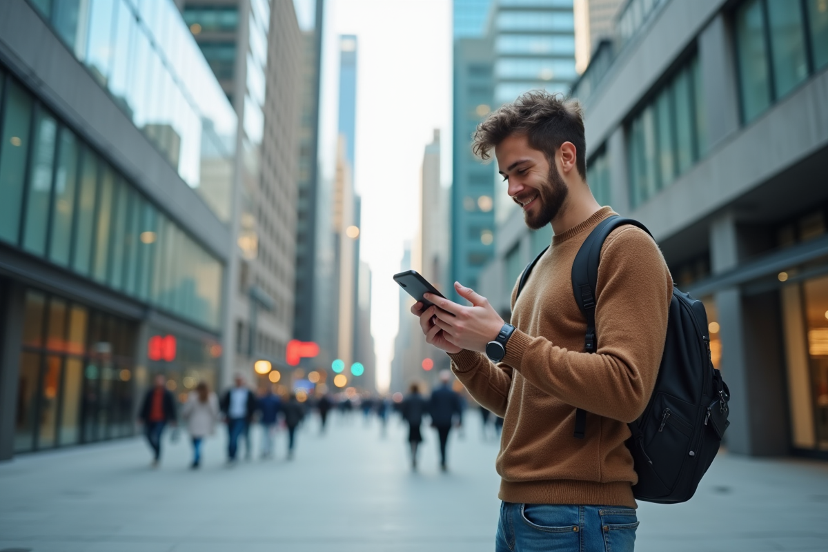 Jeune homme analysant des données sur son smartphone en extérieur
