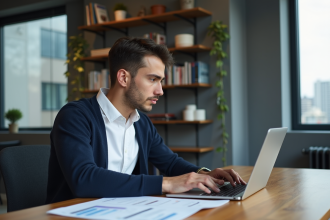 Jeune homme en bureau avec ordinateur et livres marketing