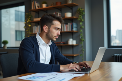 Jeune homme en bureau avec ordinateur et livres marketing