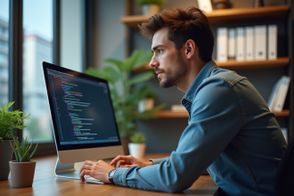 Jeune homme au bureau regardant un site web sur ordinateur