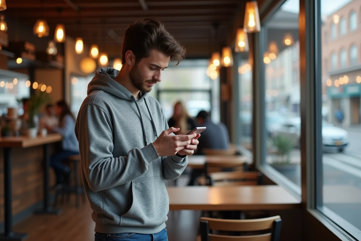 Jeune homme dans un café avec smartphone en main