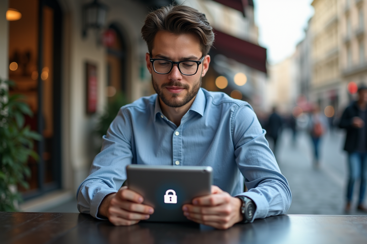 Jeune homme au café utilisant une tablette avec un cadenas