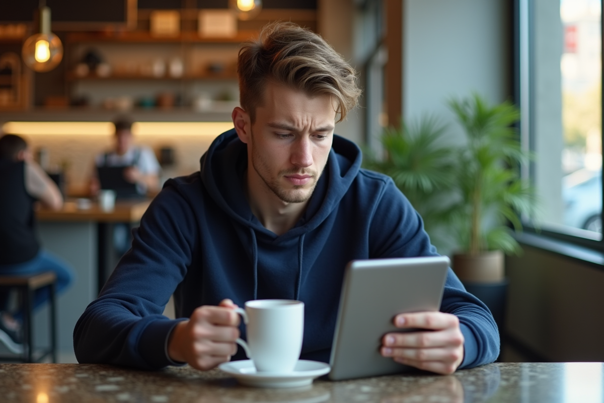 Jeune homme au café avec tablette et café