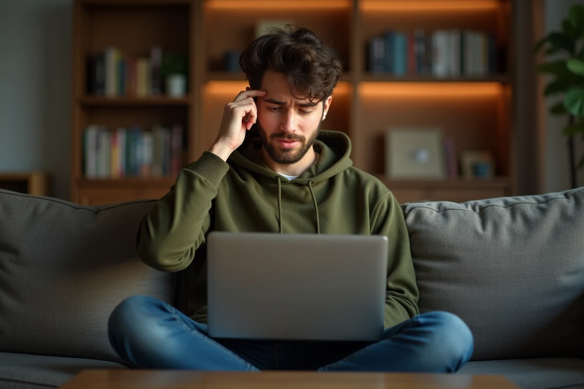 Jeune homme frustré sur son canapé tentant de se connecter à un webmail avec une erreur d'identifiants
