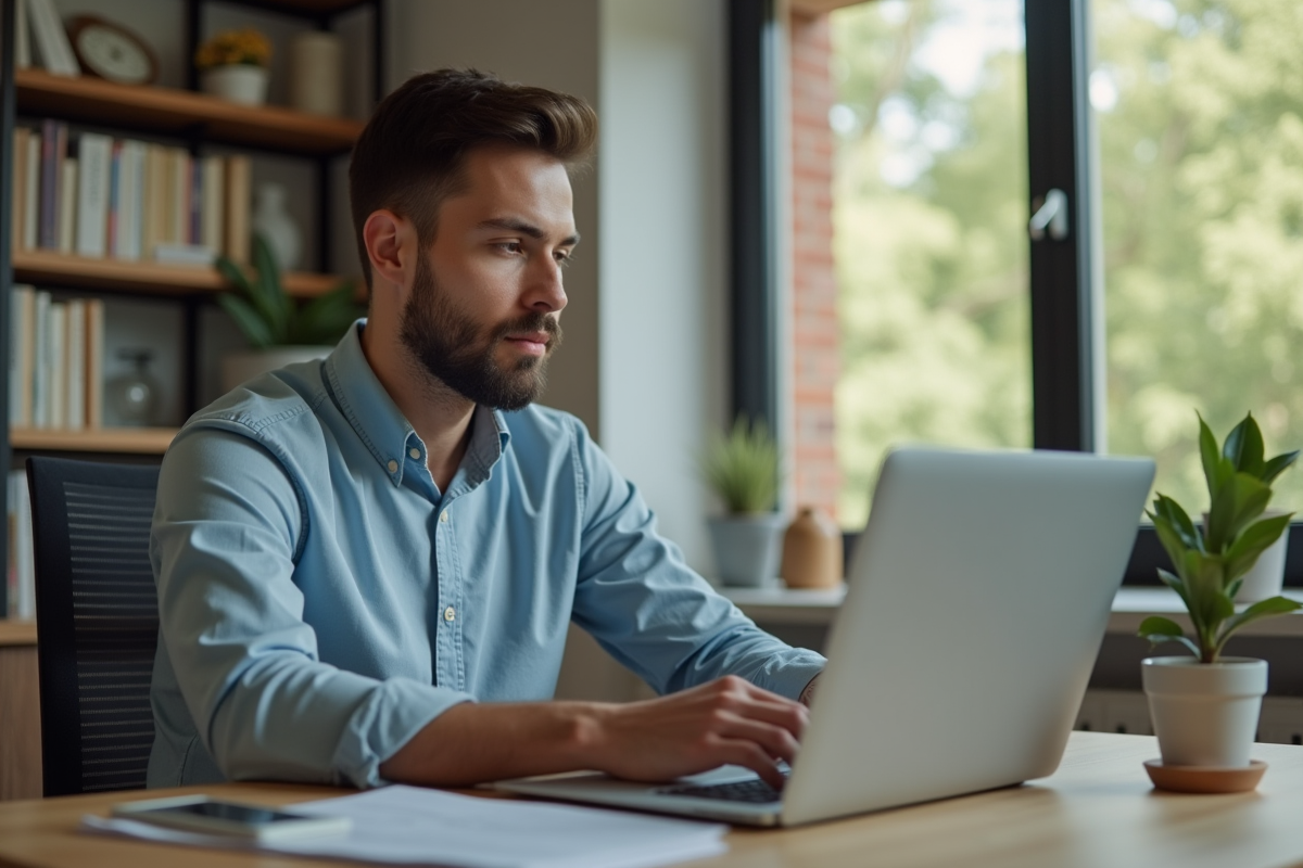 Jeune homme en cours en ligne sur son ordinateur dans un bureau