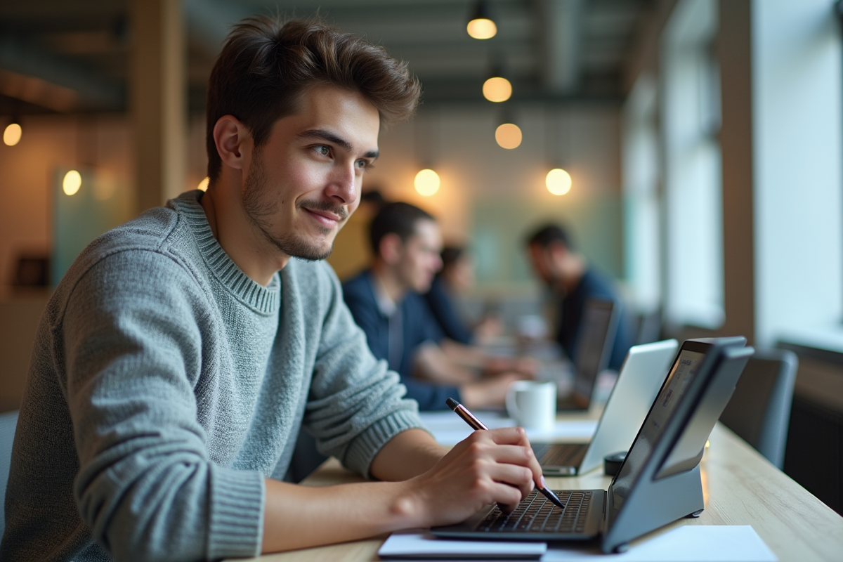 Jeune homme au coworking utilisant une tablette