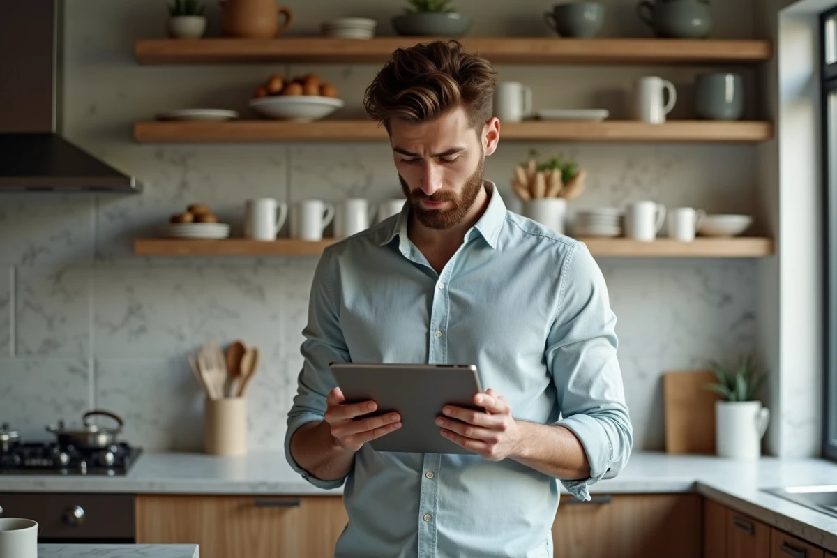 Jeune homme frustré utilisant une tablette dans la cuisine