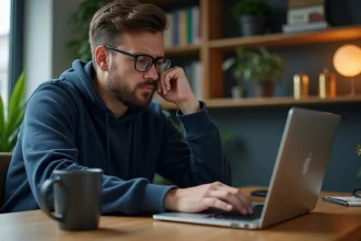 Jeune homme frustré devant son ordinateur portable
