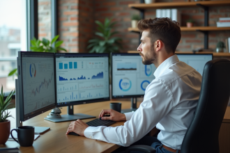 Jeune homme en bureau analysant des graphiques modernes
