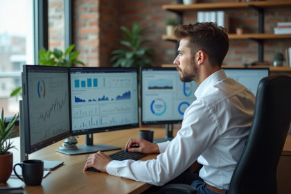 Jeune homme en bureau analysant des graphiques modernes