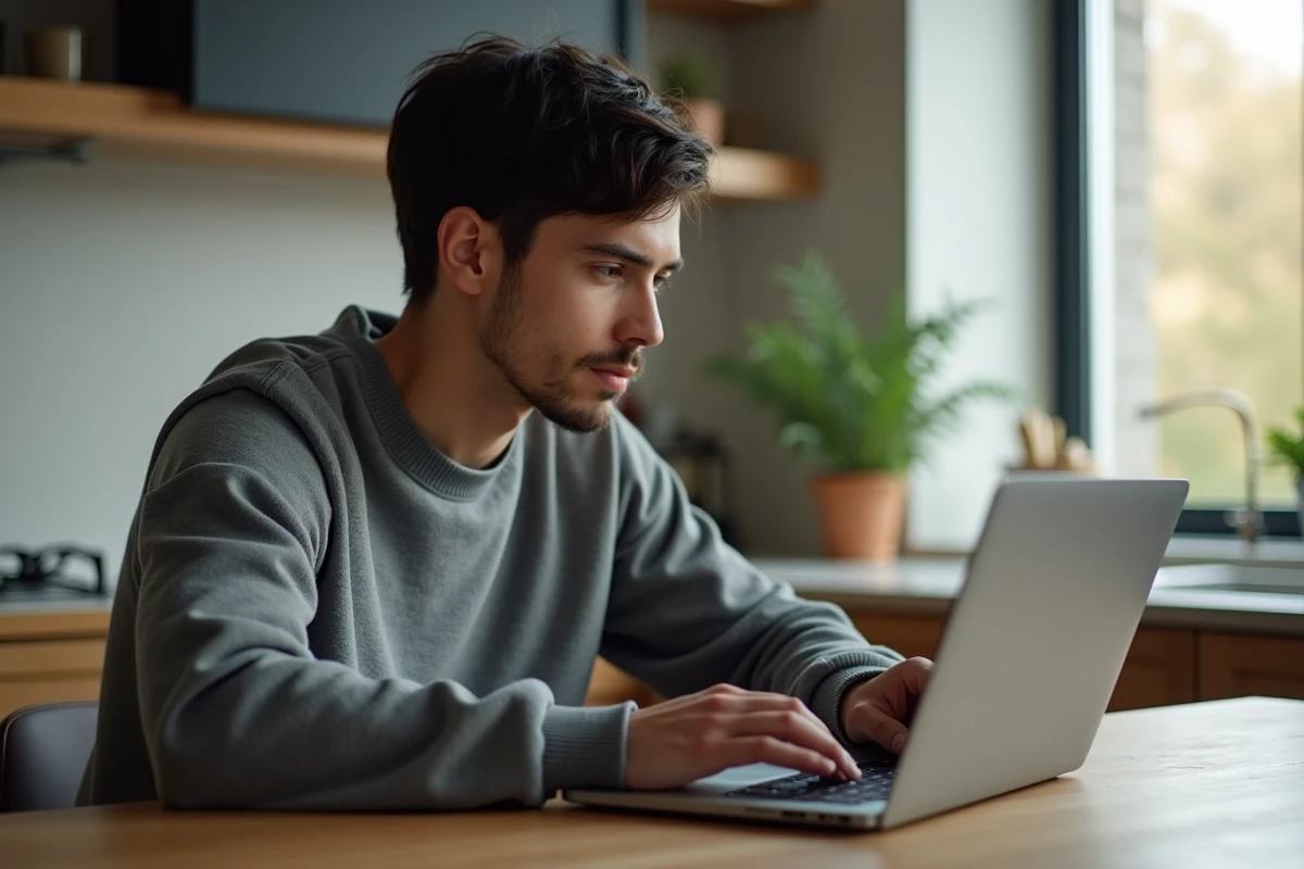 Jeune homme concentré sur son ordinateur dans une cuisine moderne
