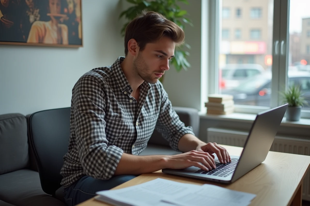 Jeune homme sauvegardant un document sur son ordinateur