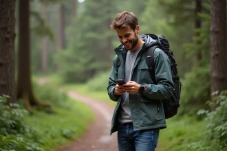 Jeune homme souriant avec smartphone en forêt